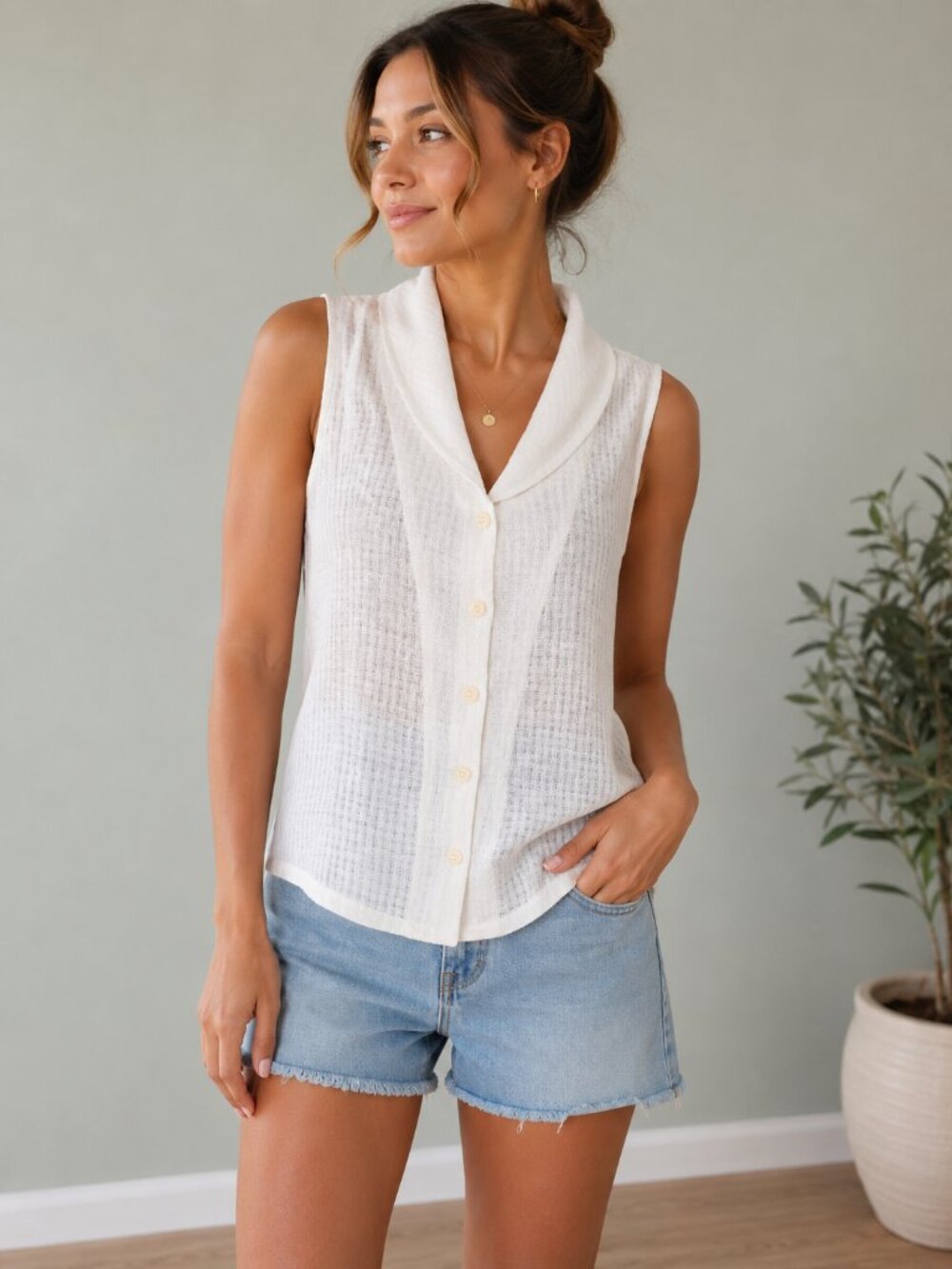 FLAX White Linen Blouse Size L